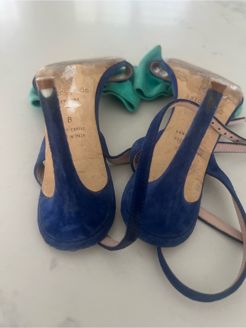 kate spade Teal Bow Open-Toe Slingback Heels with Navy Straps - Picture 2 of 4